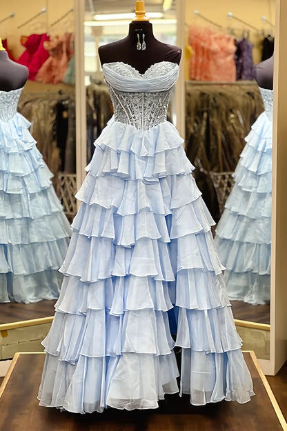 Chiffon A-Line Strapless Empire Tiered Party Prom Dress With Slit