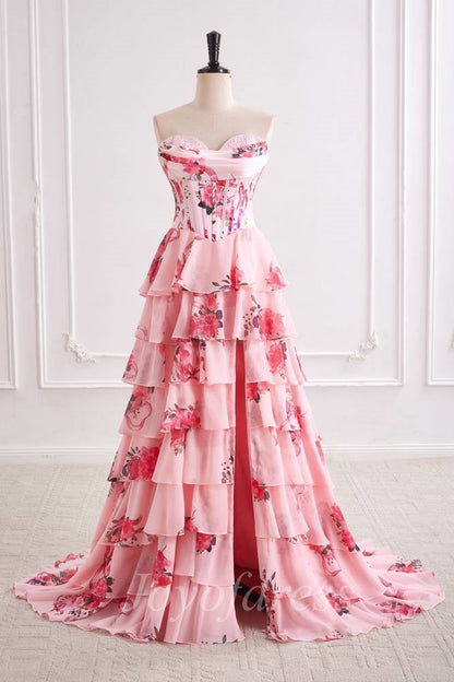Chiffon A-Line Strapless Floral A-Line Tiered Prom Party Dress