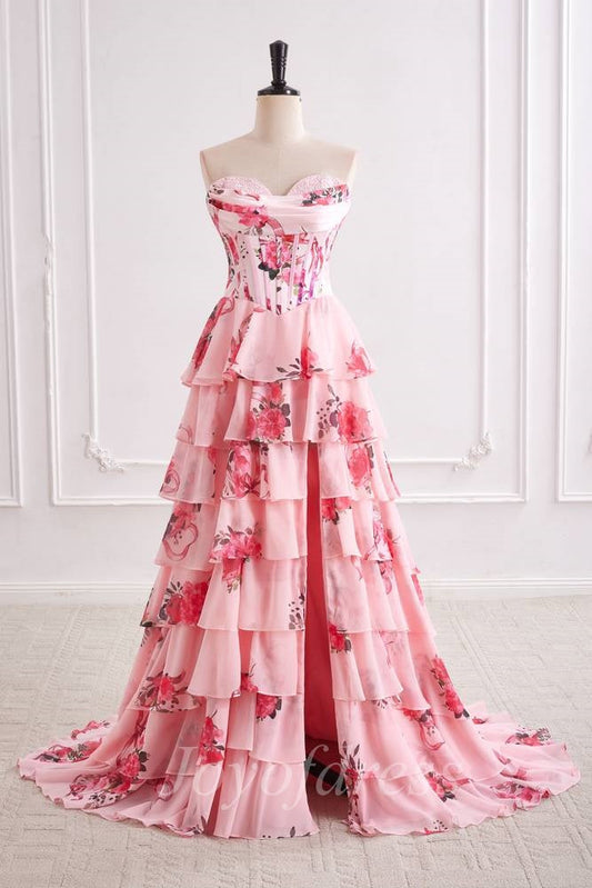 Chiffon A-Line Strapless Floral A-Line Tiered Prom Party Dress