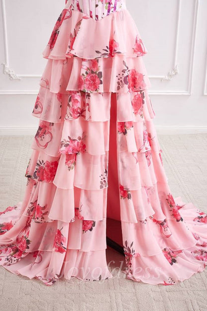 Chiffon A-Line Strapless Floral A-Line Tiered Prom Party Dress