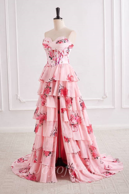 Chiffon A-Line Strapless Floral A-Line Tiered Prom Party Dress