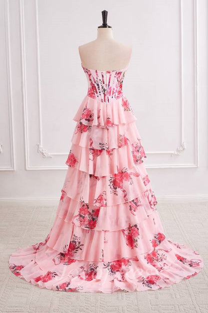 Chiffon A-Line Strapless Floral A-Line Tiered Prom Party Dress