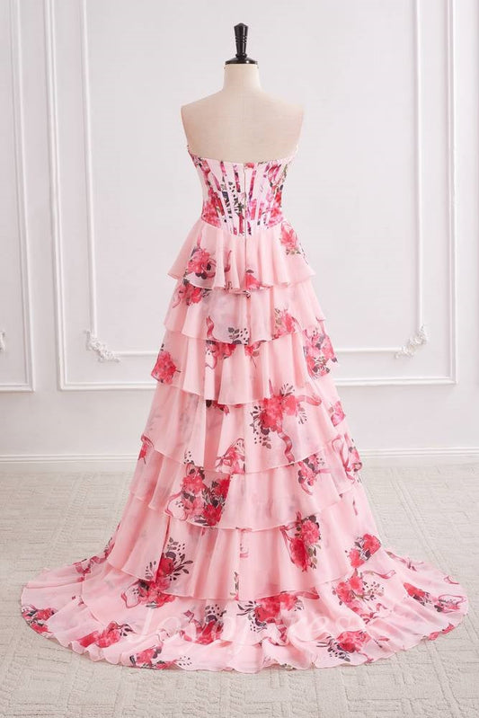 Chiffon A-Line Strapless Floral A-Line Tiered Prom Party Dress