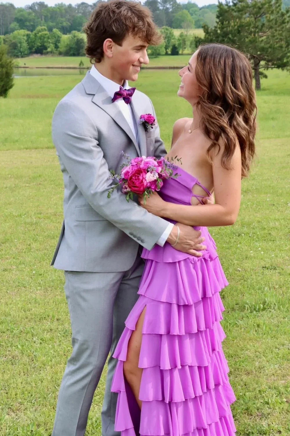 Chiffon A-Line Strapless Lace Up Tiered Party Prom Dress