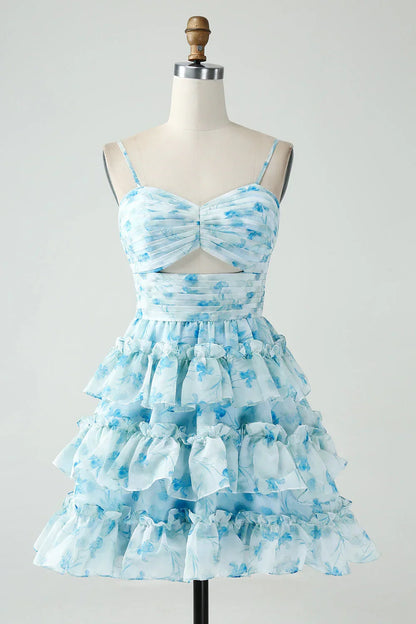 Chiffon A-Line Sweetheart Spaghetti Straps Tiered Homecoming Dress