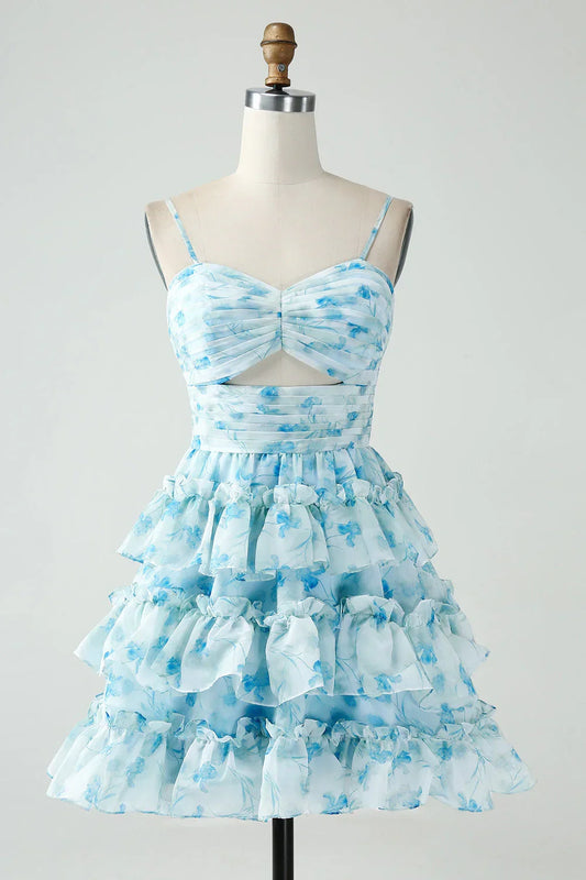 Chiffon A-Line Sweetheart Spaghetti Straps Tiered Homecoming Dress