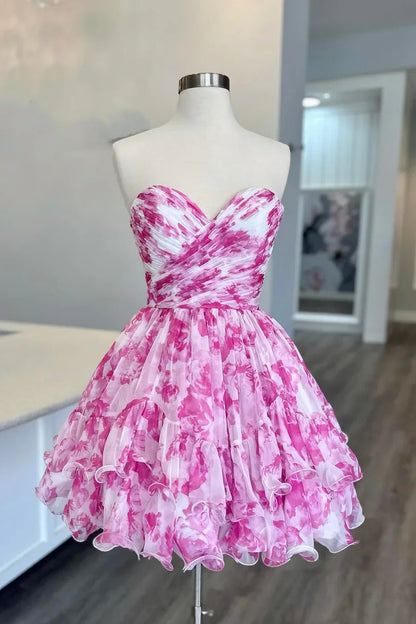Chiffon A-Line Sweetheart Strapless Short Party Homecoming Dress