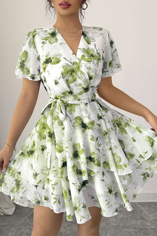 Chiffon A-Line V-Neck Short Sleeves Floral Mini Party Holiday Dress