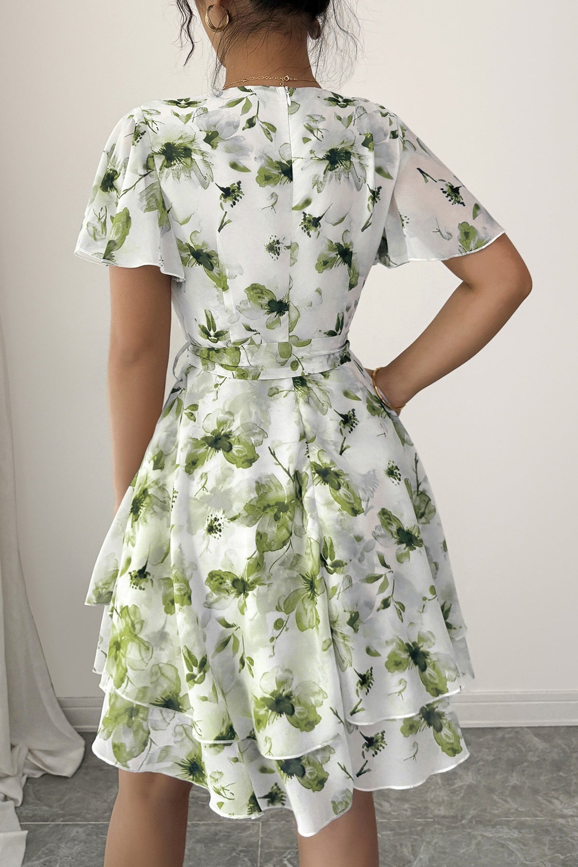 Chiffon A-Line V-Neck Short Sleeves Floral Mini Party Holiday Dress
