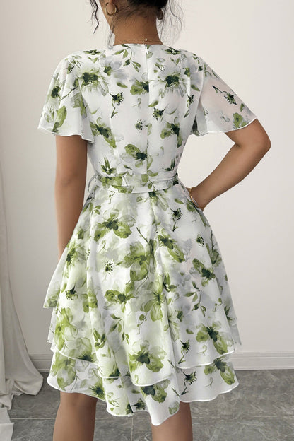 Chiffon A-Line V-Neck Short Sleeves Floral Mini Party Holiday Dress