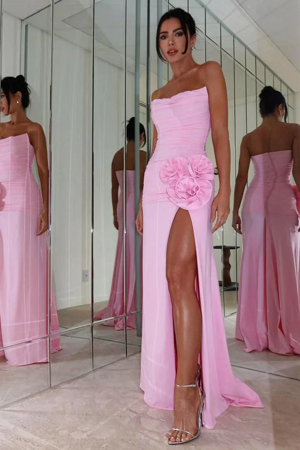 Chiffon Fitted Bateau Strapless Party Prom Dress With Slit