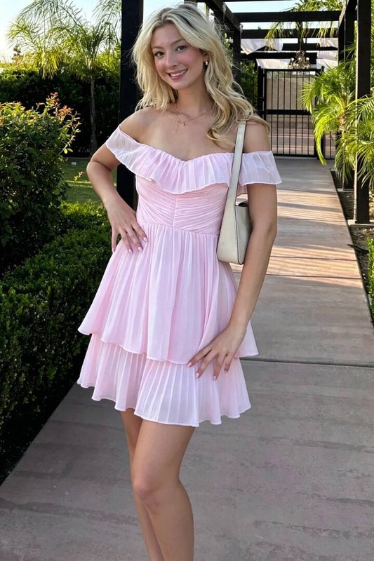 Chiffon Pleated Off-Shoulder A-Line Tiered Short Party Homecoming Dress