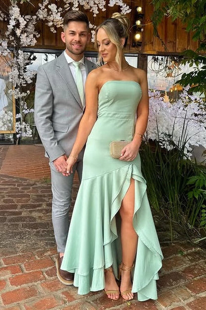 Chiffon Strapless Empire Party Prom Dress With Ruffle Slit