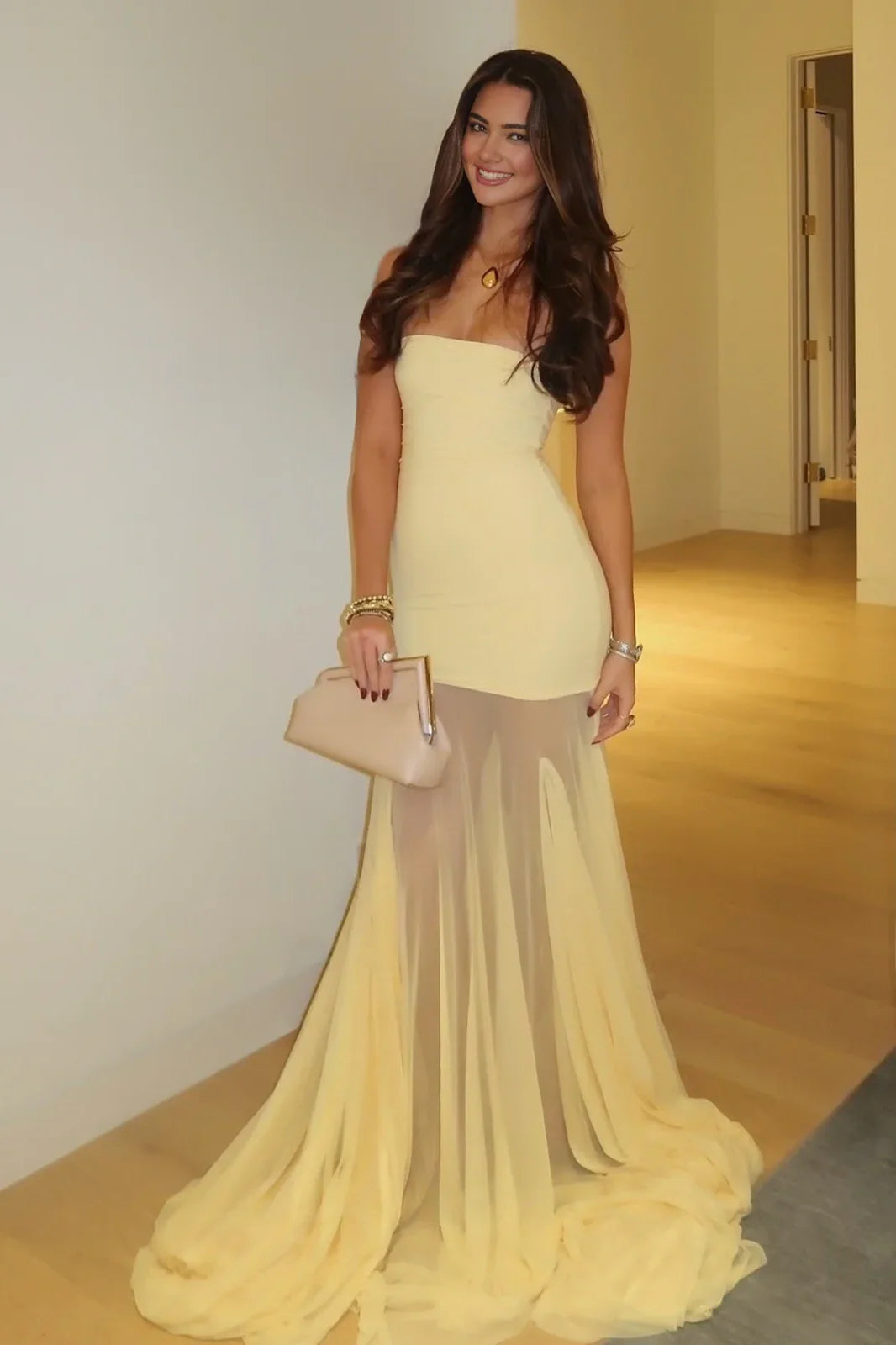 Chiffon Strapless Empire Party Prom Dress With Sheer Train