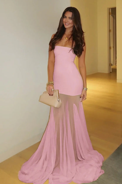 Chiffon Strapless Empire Party Prom Dress With Sheer Train