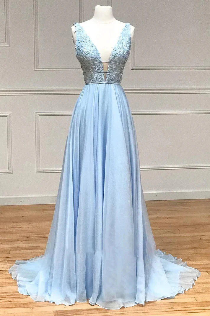 Chiffon V-Neck Sleeveless Appliques A-Line Prom Dress