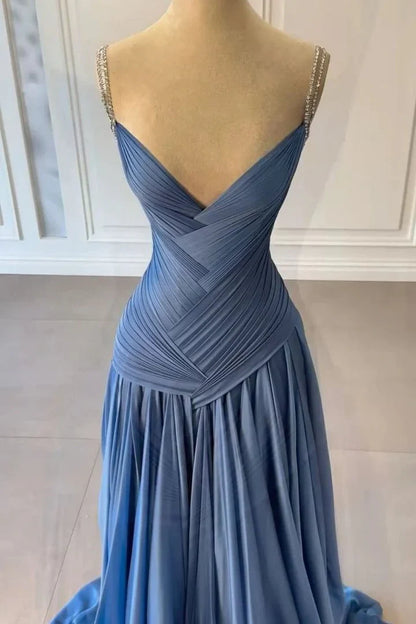 Classic A-Line V-Neck Sleeveless Pleated Long Party Prom Dress