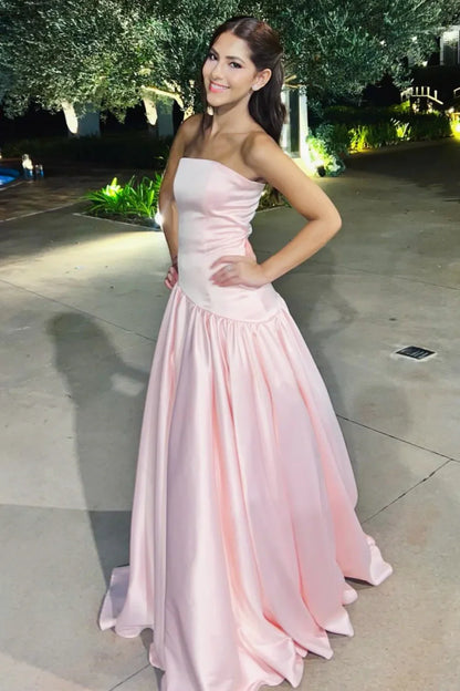 Classic Pink Satin A-Line Strapless Maxi Party Prom Dress