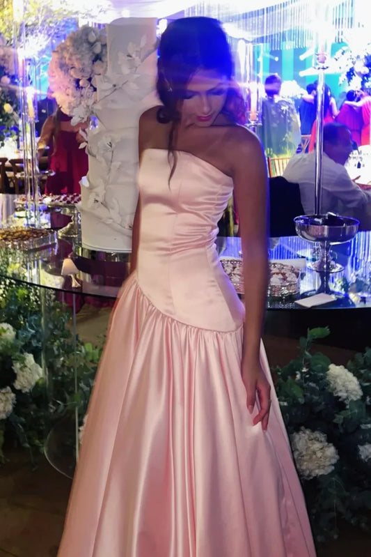 Classic Pink Satin A-Line Strapless Maxi Party Prom Dress