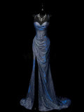 Classy Leg Split Prom Dresses Straps Mermaid Long Evening Party Gowns