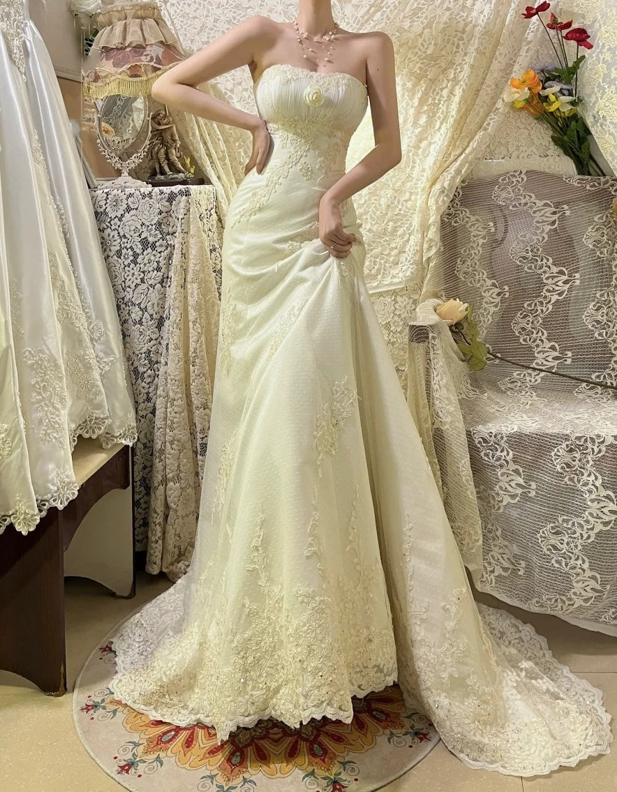 Light Yellow Floral Beaded Long Lace Tulle Ball Gown Evening Dress Party Dress gh4488