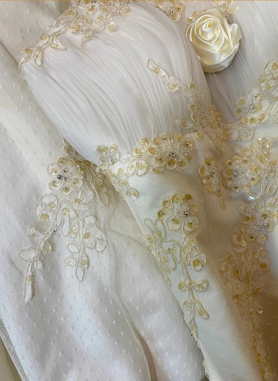 Light Yellow Floral Beaded Long Lace Tulle Ball Gown Evening Dress Party Dress gh4488