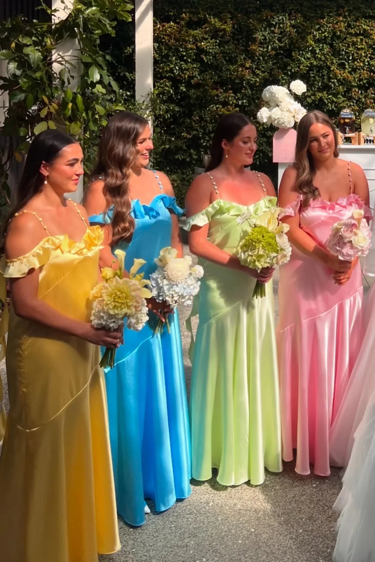 Colorful Ruffled Off-Shoulder Satin A-Line Long Bridesmaid Dress