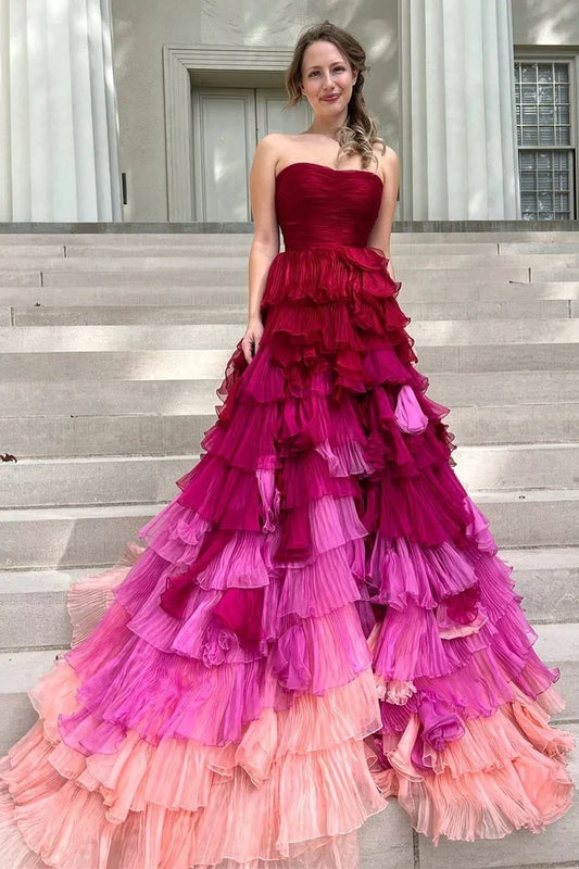 Colorful Strapless A-Line Empire Tiered Party Prom Dress