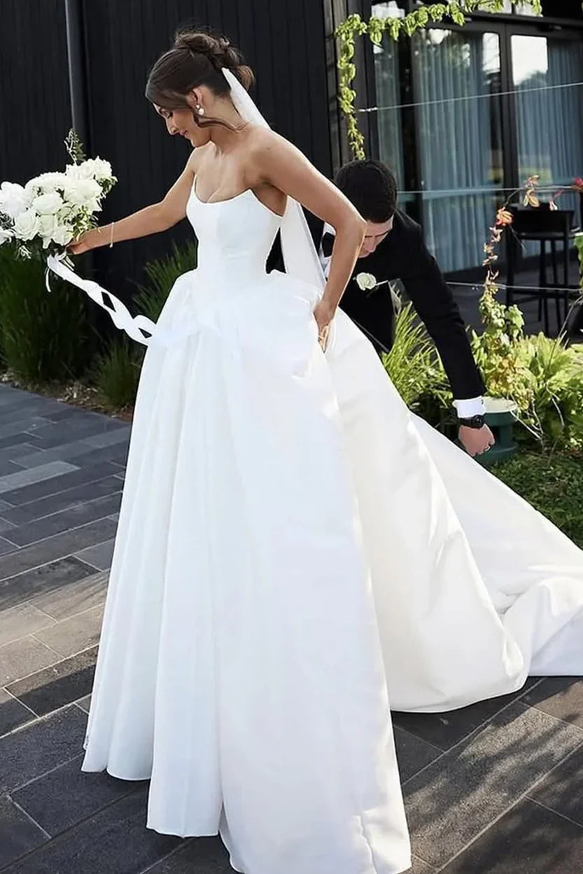 Couture Satin A-Line Strapless High Waist Wedding Dress