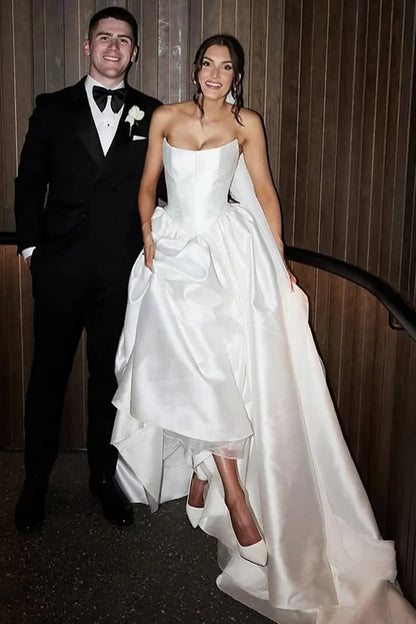 Couture Satin A-Line Strapless High Waist Wedding Dress