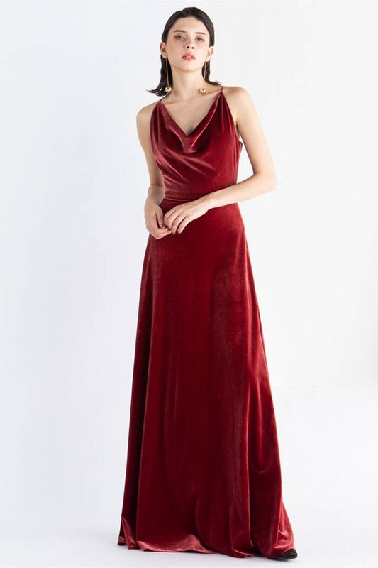 Cowl Neck Burgundy Velvet Long Dress