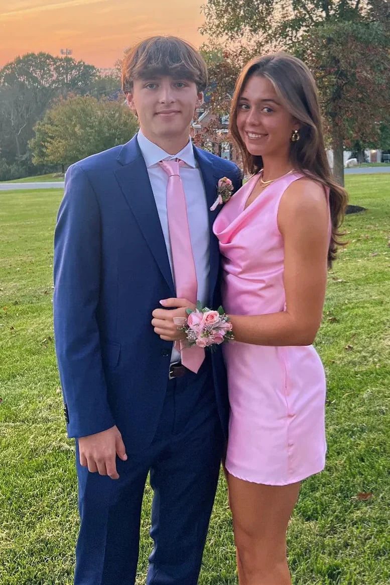 Cowl Neck Satin Sheath Pink Mini Party Homecoming Dress
