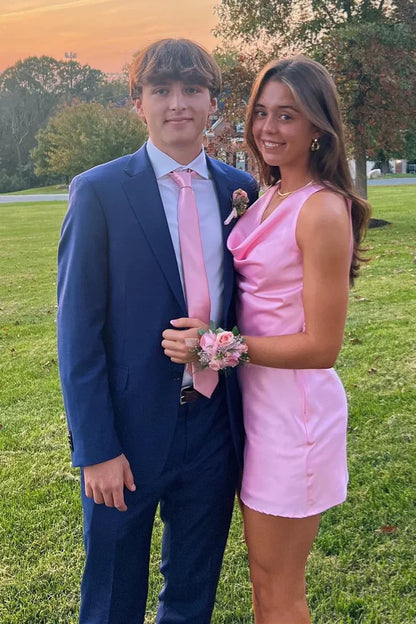 Cowl Neck Satin Sheath Pink Mini Party Homecoming Dress