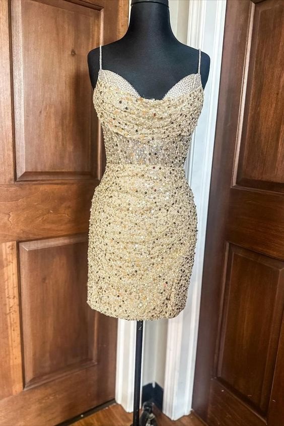 Cowl Neck Gold Sequin Tight Party Homecoming Dress