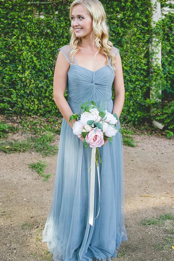 Cute A-Line V-Neck Sleeveless Tulle Long Bridesmaid Dress
