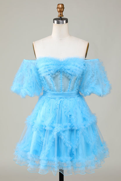 Blush Pink A-line Off-the-Shoulder Ruffled Puff Sleeves Homecoming Dress