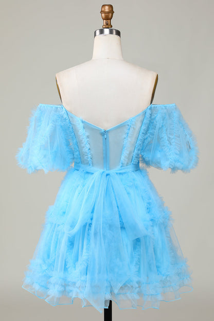 Blush Pink A-line Off-the-Shoulder Ruffled Puff Sleeves Homecoming Dress