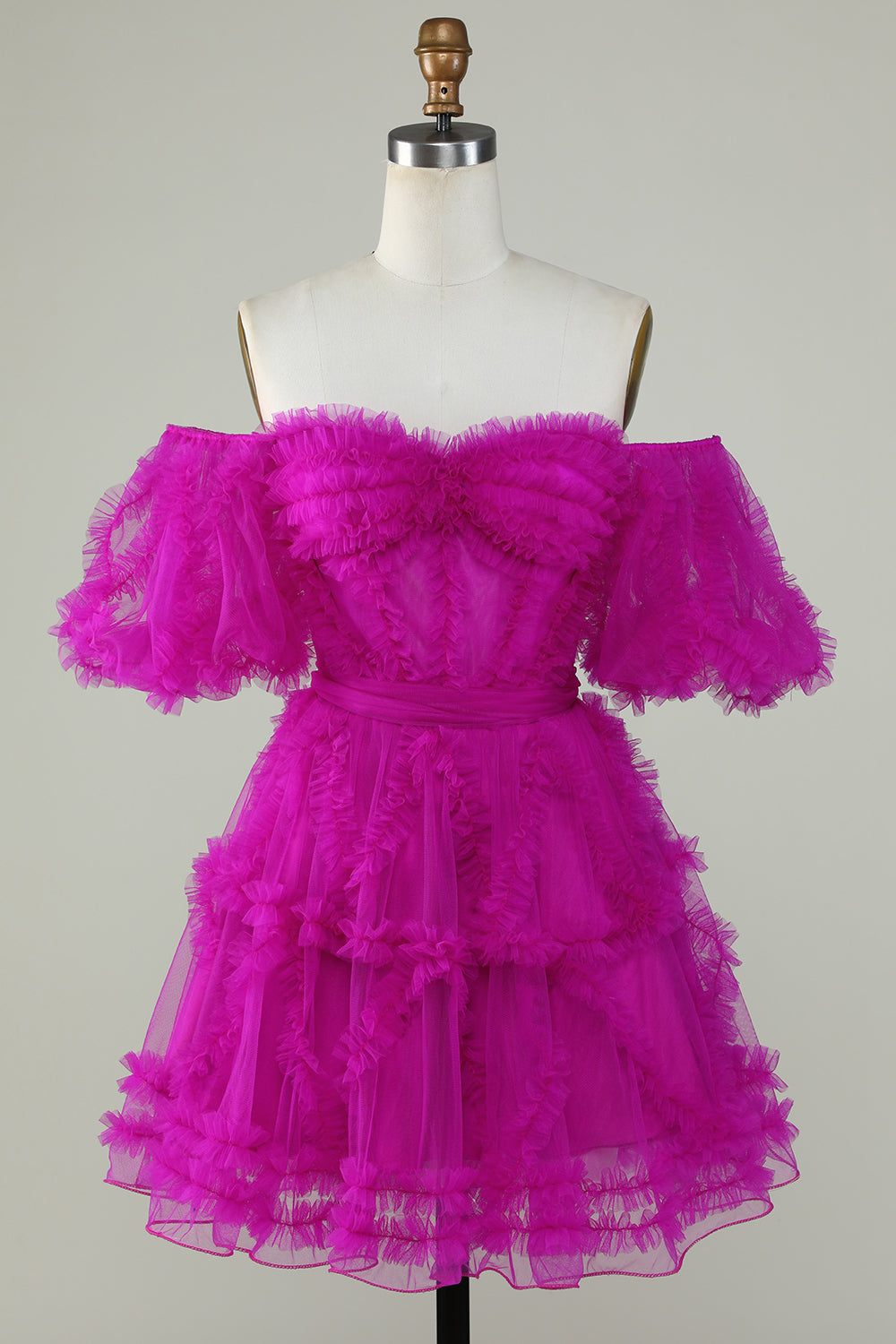 Blush Pink A-line Off-the-Shoulder Ruffled Puff Sleeves Homecoming Dress