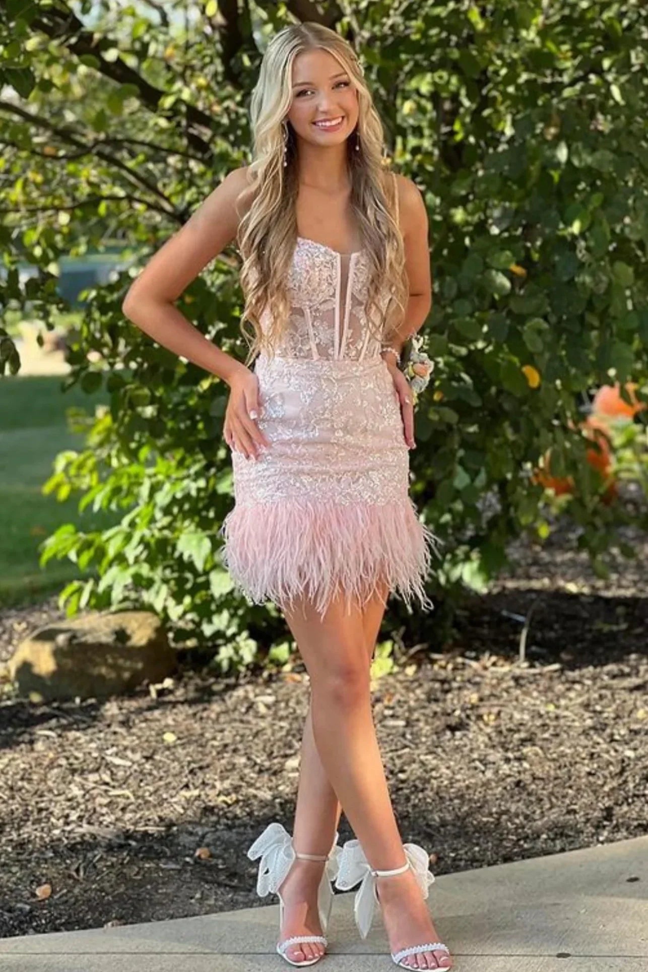Cute Bateau Spaghetti Straps Bodycon Lace Homecoming Dress With Feathers