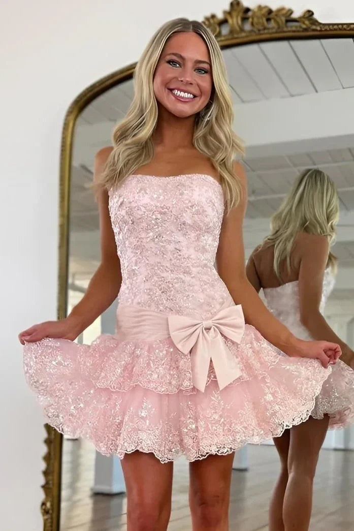 Cute Lace Strapless Ruffle Homecoming Dress With Bow