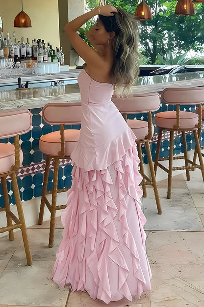 Cute Pink Strapless Empire Ruffled Party Prom Dress With Slit