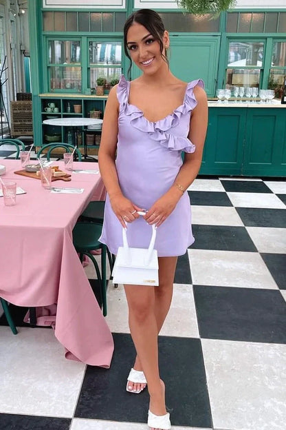 Cute Satin A-Line Ruffled Straps Backless Short Homecoming Party Dress