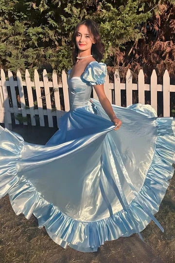 Cute Satin A-Line Short Sleeves Sweetheart Ruffled Party Prom Dress