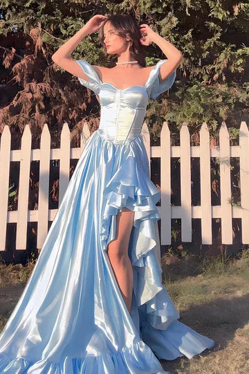 Cute Satin A-Line Short Sleeves Sweetheart Ruffled Party Prom Dress