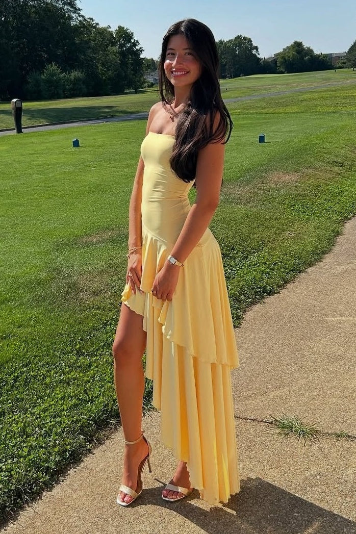Cute Satin A-Line Tiered Strapless Party Prom Dress