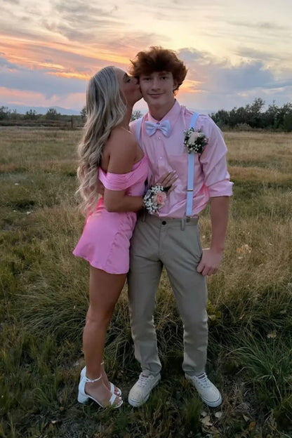 Cute Satin Off-Shoulder Sleeveless Mini Homecoming Dress
