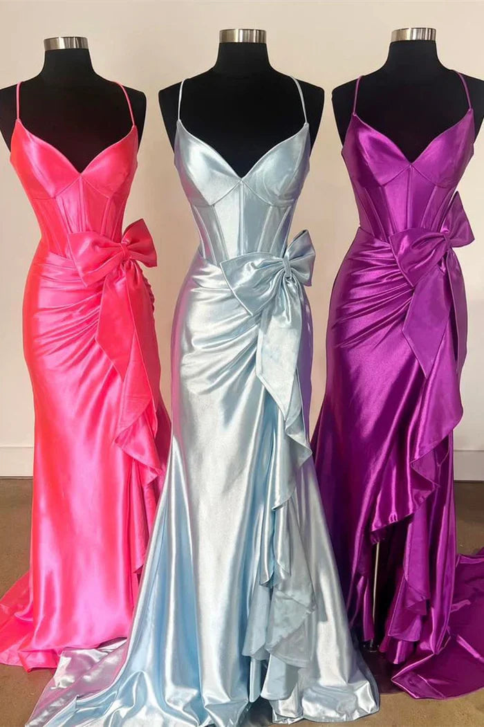 Mermaid Satin V-Neck Sleeveless Party Prom Dress With Train