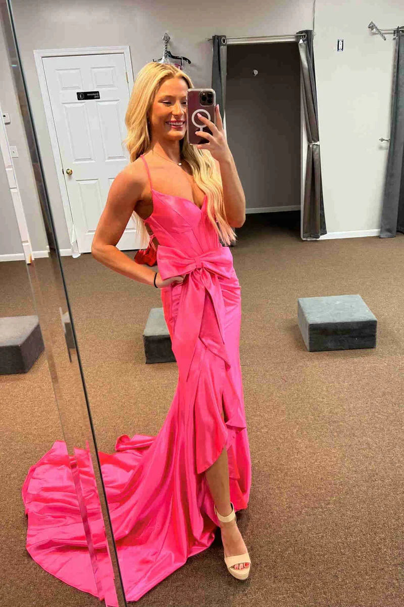 Mermaid Satin V-Neck Sleeveless Party Prom Dress With Train