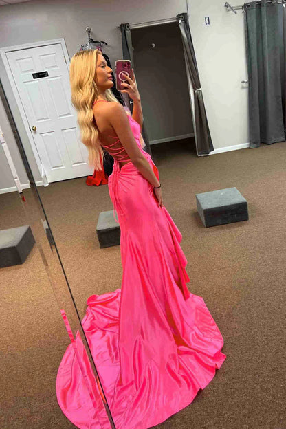 Mermaid Satin V-Neck Sleeveless Party Prom Dress With Train