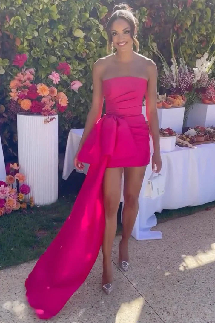 Cute Satin Strapless Empire Pleated Homecoming Dress With Bow